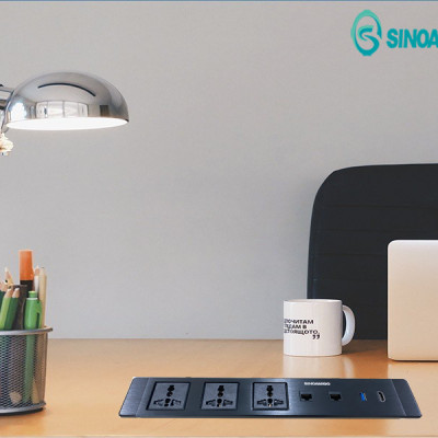 Hộp ổ cắm âm bàn Sinoamgo STS-ST60S-2F5G, chất liệu nhôm xước cao cấp, tích hợp 3 ổ cắm điện, 2 lan cat6, HDMI, USB 3.0 - Hàng chính hãng