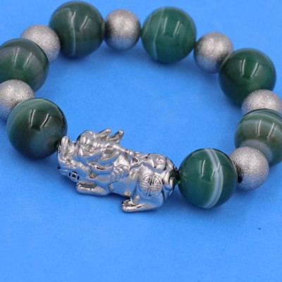 Chuỗi tay Tỳ Hưu inox charm Thạch Anh Xanh Lá Sọc 16 ly phối 6 bi - hợp mệnh Hỏa, mệnh Mộc - Chuỗi size XXL