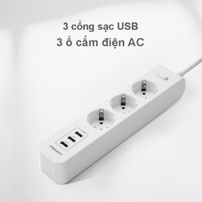 Ổ Cắm Điện Thông Minh 3 Ổ Cắm AC - Pisen 303-EP - Màu Trắng