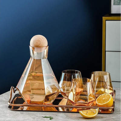 BÌNH CỐC THỦY TINH DECOR NÚM GỖ | BỘ BÌNH CỐC THỦY TINH LỤC GIÁC PHONG CÁCH SCANDINAVIA NÚM GỖ