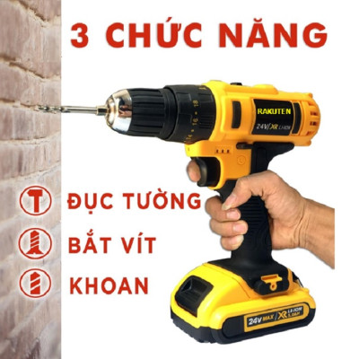 Bộ máy khoan pin RAKUTEN 24V  khoan tường, khoan sắt, khoan bê tông máy 2 pin, đảo chiều và mũi khoan