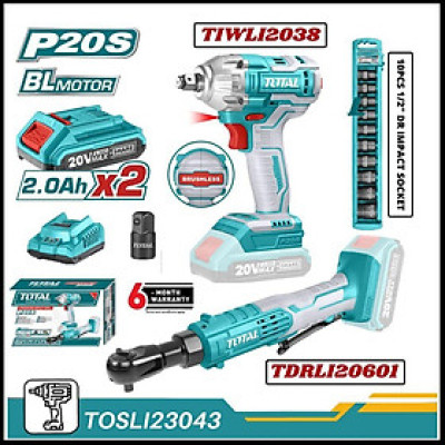 BỘ COMBO MÁY SIẾT BULOONG TIWLI2038  & TDRLI206015 DÙNG PIN 20V (2 pin 20V -2.0Ah + sạc) TOTAL TOSLI23043 - HÀNG CHÍNH HÃNG