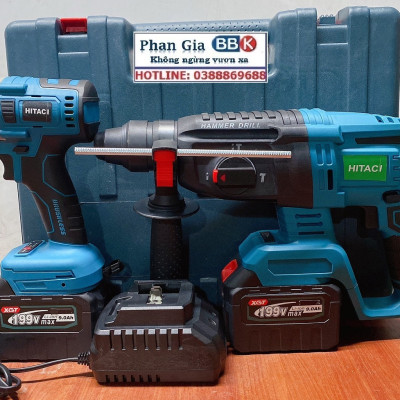 Bộ Combo 2 Trong 1 Gồm Máy Khoan Đục Bê Tông Và Bulong Dùng Pin 199V 2 Pin 15 Cell - Máy Khoan Siêu Khỏe (Bảo Hành 1 Năm)