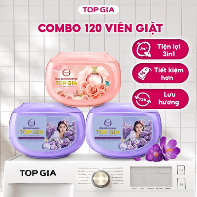 Viên giặt xả quần áo thơm lâu TopGia 3in1, hương hoa hồng và lavender,  giặt sạch, tiết kiệm