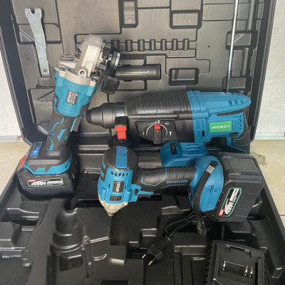 Bộ Combo 3 Trong 1 Gồm Máy Khoan Đục Bê Tông, Máy Mài Và Máy Siết Bulong Dùng Pin 199V, 2 Pin 15 Cell, Động Cơ Không Chổi Than 100% Lõi Đồng (Tặng Hộp Đựng)