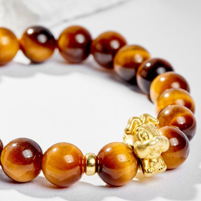 Vòng Tay Phong Thủy Đá Mắt Hổ Vàng Nâu Phối Charm Tuổi Mão Bạc Mạ Vàng 24K (8mm) Mệnh Thổ, Kim Ngọc Quý Gemstones