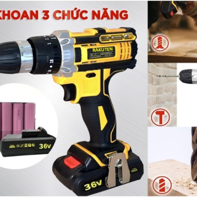 Bộ máy khoan pin RAKUTEN 36V  khoan tường, khoan sắt, khoan bê tông máy 2 pin, đảo chiều và mũi khoan