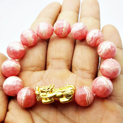 Vòng Tay Tỳ Hưu Đá Đào Hoa Rhodochrosite Tự Nhiên 14mm