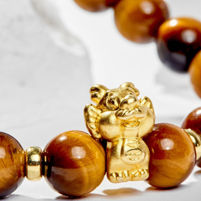Vòng Tay Phong Thủy Đá Mắt Hổ Vàng Nâu Phối Charm Tuổi Thìn Bạc Mạ Vàng 24K (8mm) Mệnh Thổ, Kim Ngọc Quý Gemstones