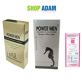 Combo 2 Hộp Bao Cao Su Gai Kéo Dài Power Men Cá Ngựa Xám Longer Plus Type + BCS Siêu Mỏng Chống Xuất Tinh Sớm Power Men 0.03 Invi - Tặng Kèm Gel Nhật- Che Tên Sản Phẩm