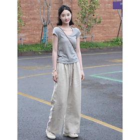 Quần dài suông linen thô cao cấp đũng ngắn lưng thun