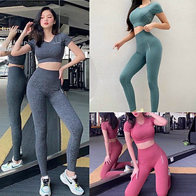 Set Đồ Nữ Thể Thao Gồm Áo Croptop Ngắn Tay và Quần Dài