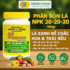 Phân Bón Lá Grow More NPK 20-20-20, GreenHome, Chai 100GR, To Củ, Lớn Trái, Chắc Hạt