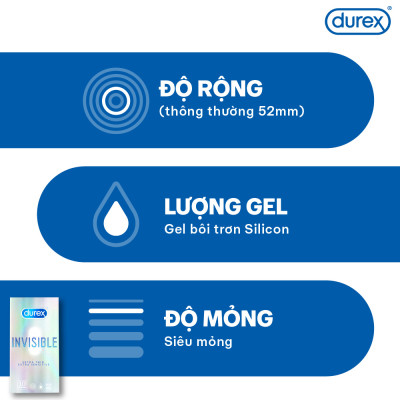 Bộ 3 hộp bao cao su Durex Invisible  Extra Thin Extra Sensitive siêu mỏng, size 52mm, 3 bao/hộp