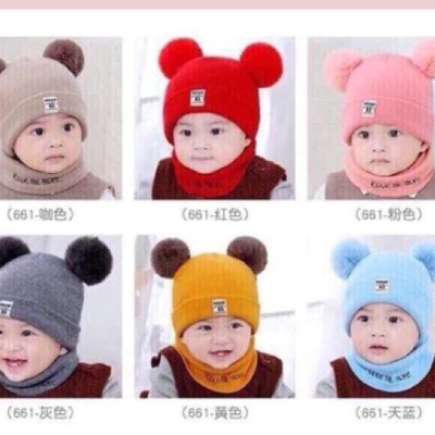Set khăn + mũ len 2 quả bông cho bé