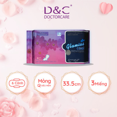 Băng vệ sinh ban đêm Glamiss Cool thảo dược 33.8cm siêu thấm hút, BVS chống tràn cho cả đêm dài