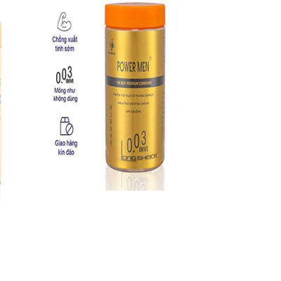 Bao cao su siêu mỏng kéo dài thời gian Power Men 0.03 Invi Long Shock (Lọ 12 chiếc)