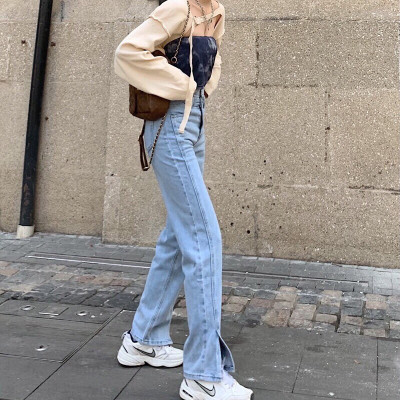 Quần Jeans bò nữ cạp cao lưng cao ống rộng xẻ gấu phong cách ulzzang Hàn Quốc