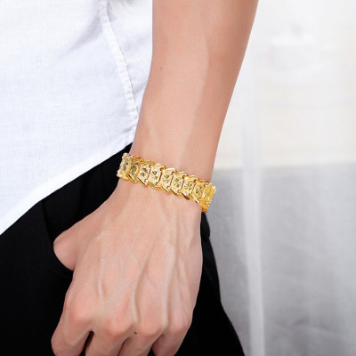 Combo Lắc tay Nam Nữ bản rộng, Phong cách Âu Mỹ, Mạ vàng 18K, Bản 17li, Dài 20cm, Tương đương mẫu 1cây8 vàng thật, Kèm túi đựng Trang sức Cung Hỷ - Mẫu Crown.X.436B