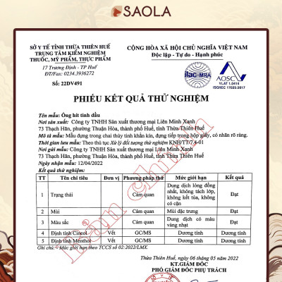 Ống hít tinh dầu thiên nhiên SAOLA - Ống Hít Thảo Dược Huế, Giảm Nghẹt Mũi, Nhức Đầu, Say Tàu Xe - Hàng Chính Hãng