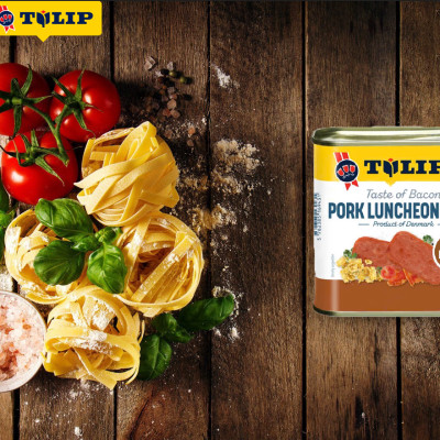 Thịt Heo Hộp Xông Khói Bacon Tulip 340g - Nhập Khẩu Đan Mạch | Tulip Pork Luncheon Meat with Bacon 340g