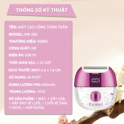 Máy cạo tẩy lông Kemei KM-285 chuyên dùng cạo lông toàn thân, bikini sử dụng pin sạc tiện lợi công suất 5W - Chính hãng