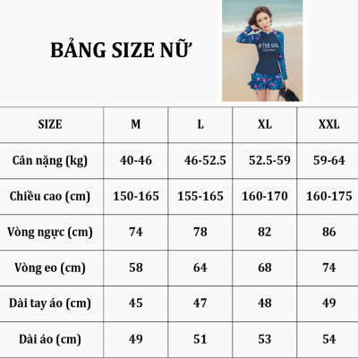 Bộ đồ bơi cho nữ dài tay hai mảnh chân váy liền quần size từ 40kg đến 64kg