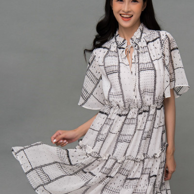 Đầm Voan Xòe Cổ Trụ Nhún Eo Maxivic, La Mộc - LM72175