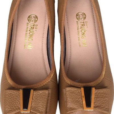 Giày đế xuồng nữ 3cm Trường Hải  đính nơ xinh da bò mềm mại màu vàng thời trang , đế xuống cao su DX0132