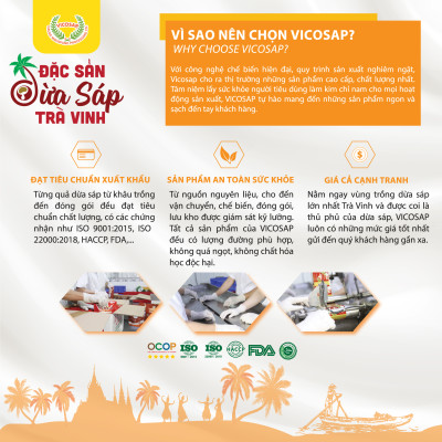 Combo 3 Kẹo dừa sáp VICOSAP vị cacao lá dứa kẹo mềm dẻo ít đường đặc sản Trà Vinh hộp 100g