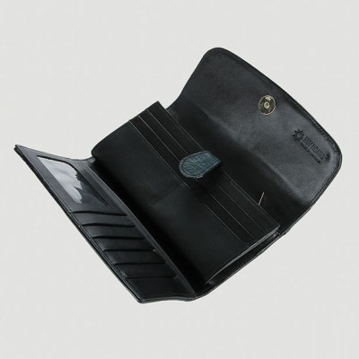 Ví nữ da đà điểu Huy Hoàng 3 gấp màu xanh đậm HT3453