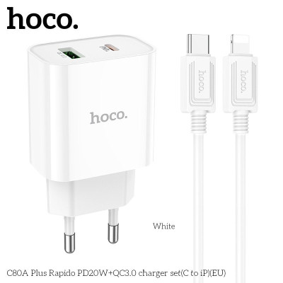 Bộ Sạc Nhanh Dành Cho Hoco. C80A Plus PD20W + QC3.0 Type-C To IP Dây Dài 1m Hàng Chính Hãng