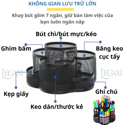 Khay đựng bút XOAY 360 ĐỘ, khay bút 7 NGĂN  để bàn kim loại Văn Phòng, Đựng Mỹ phẩm, Điều Khiển TV