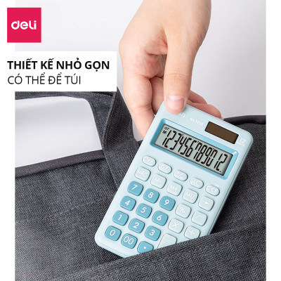 Máy tính cầm tay bỏ túi 12 số để bàn Deli có thể dùng năng lượng mặt trời và pin - Phù hợp văn phòng và học sinh - Nhiều màu - 1200