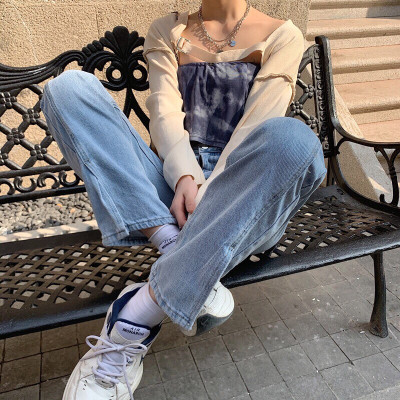 Quần Jeans bò nữ cạp cao lưng cao ống rộng xẻ gấu phong cách ulzzang Hàn Quốc