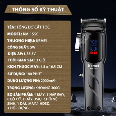 Tông đơ cắt tóc chuyên nghiệp Kemei KM-1550 cống suất mạnh 5W màn hình LCD sạc nhanh USB type C tiện lợi - Chính hãng