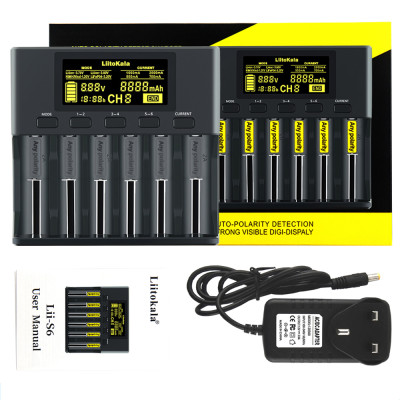 Bộ sạc pin LiitoKala lii-S6 Bộ sạc 6 khe tự động phát hiện cực tính cho 18650 26650 21700 14500.10440 AA AAA