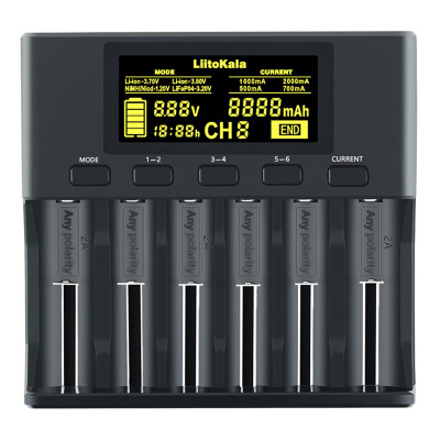 Bộ sạc pin LiitoKala lii-S6 Bộ sạc 6 khe tự động phát hiện cực tính cho 18650 26650 21700 14500.10440 AA AAA