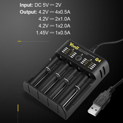 Bộ sạc pin Li-ion USB 4 khe 18350 16340 14500 YONII Q4 3.7V