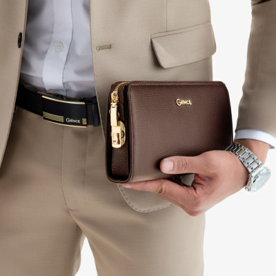 Clutch Nam Ví Cầm Tay GENCE RB07 Da Bò Khóa Số Cao Cấp Màu Nâu