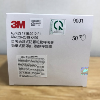 Hộp 50 cái khẩu trang 9001 3M lọc bụi cực tốt, tiêu chuẩn P1, lọc tối thiểu 80%
