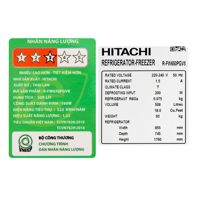Tủ lạnh Hitachi Inverter 509 lít R-FW650PGV8-GBK