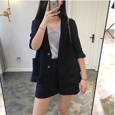 Set bộ nữ gồm áo blazer và quần short thanh lịch, trẻ trung, chất Linen cao cấp Đũi Việt
