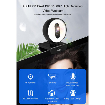 Webcam video ASHU 2M Pixel 1920x1080P Chức năng tự động lấy nét, Nhiệt độ Chụp ảnh tự sướng có thể điều chỉnh độ sáng vô cấp