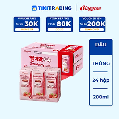 Thùng 24 hộp Sữa dâu 200ml nhãn hiệu Binggrae