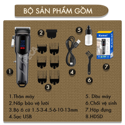 Tông đơ cắt tóc chuyên nghiệp Kemei KM-1550 cống suất mạnh 5W màn hình LCD sạc nhanh USB type C tiện lợi - Chính hãng