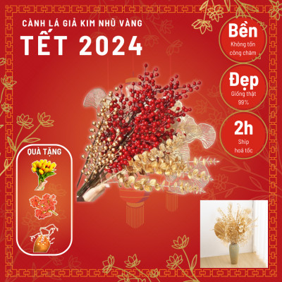 Cành lá rẻ quạt, tai chuột, cành đào đông giả phủ vàng mix đào đông siêu đẹp.