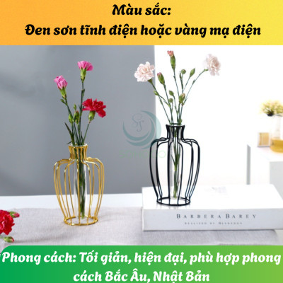 Lọ Hoa Trang Trí Khung Kim Loại Sang Trọng- Bình Hoa Thủy Tinh Kèm Khung Sắt Nghệ Thuật- Lọ Hoa Phong Cách Bắc Âu - Bình Hoa Decor Nội Thất Hiện Đại- Lọ Hoa Khung Sắt Kèm Ống Thủy Tinh Trang Nhã