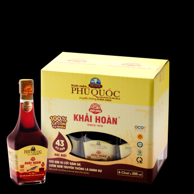 Đặc Sản Phú Quốc - Hộp 6 Chai Thủy Tinh Nước Mắm Phú Quốc Khải Hoàn 43 Độ Đạm (215Ml/ Chai) - Ocop 5 Sao