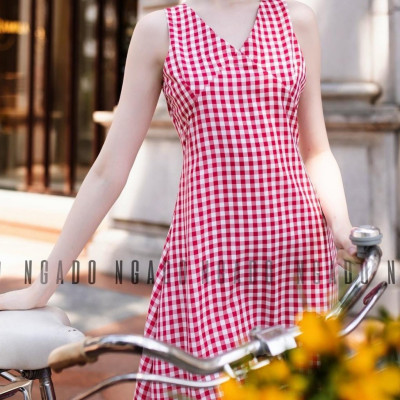 Đầm caro đỏ cổ tim NGADO , đầm nữ , Đầm vintage , Đầm mùa hè , Đầm dạo phố , Đầm xinh , Đầm thiết kế